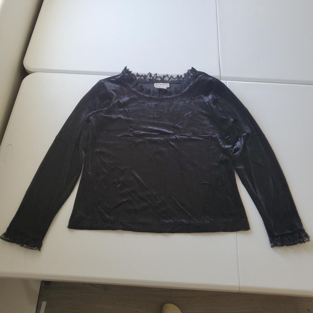 y2k 90s Whimsigoth Blouse Womens Medium Black Velvet Lace Trim Party Goth Top
